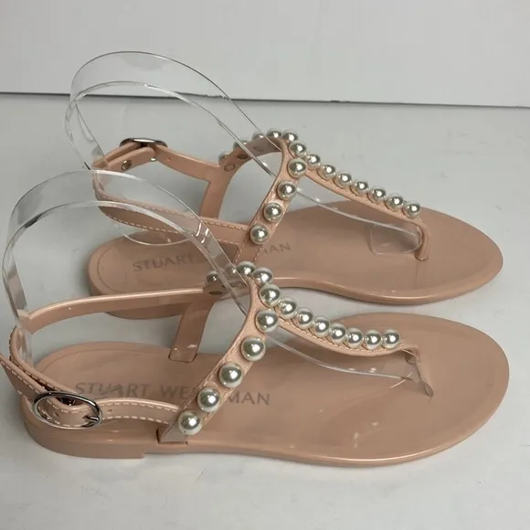 Stuart Weitzman Goldie Pearly Stud Jelly Sandals Sz 5 Luxury Summer Resortwear