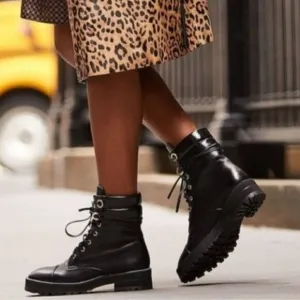 STUART WEITZMAN Lexy Leather Combat Boots Black Leather 9.5M