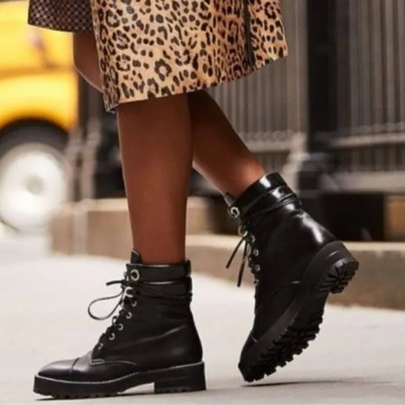 STUART WEITZMAN Lexy Leather Combat Boots Black Leather 9.5M