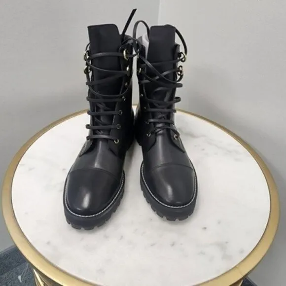 STUART WEITZMAN Lexy Leather Combat Boots Black Leather 9.5M