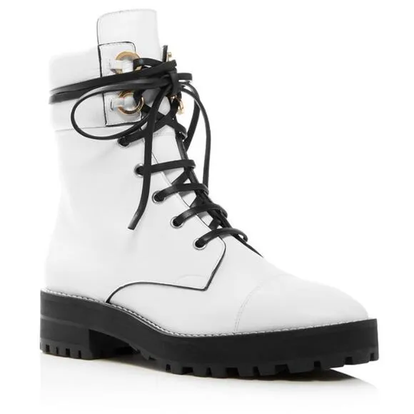 Stuart Weitzman Lexy Round Toe Leather Lace Up Moto Combat Ankle Boots size 8