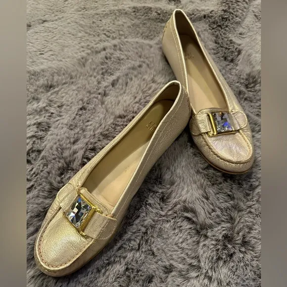 Stuart Weitzman Metallic Gold Driving Loafers, Large Rhinestone, Size 8 M
