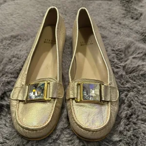 Stuart Weitzman Metallic Gold Driving Loafers, Large Rhinestone, Size 8 M