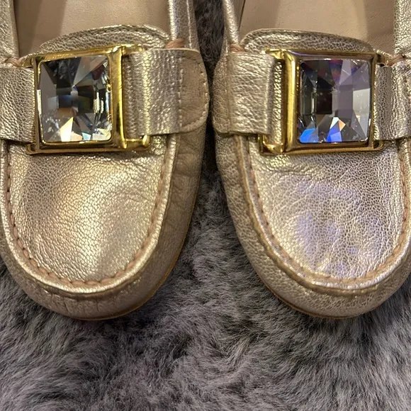 Stuart Weitzman Metallic Gold Driving Loafers, Large Rhinestone, Size 8 M