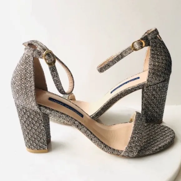 STUART WEITZMAN NEARLYNUDE Metallic Textured Platino Gold Heeled Sandals