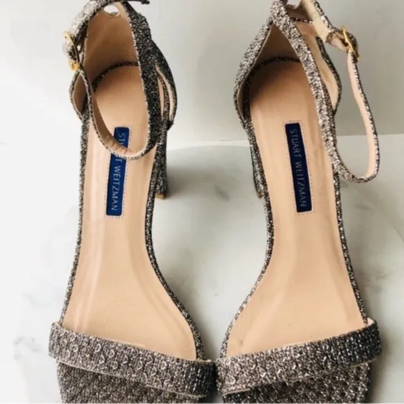 STUART WEITZMAN NEARLYNUDE Metallic Textured Platino Gold Heeled Sandals