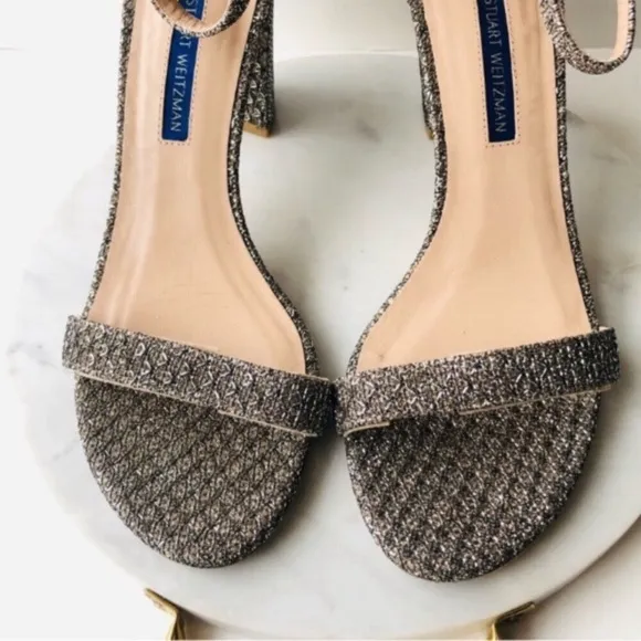 STUART WEITZMAN NEARLYNUDE Metallic Textured Platino Gold Heeled Sandals
