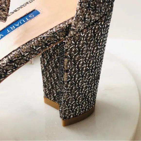 STUART WEITZMAN NEARLYNUDE Metallic Textured Platino Gold Heeled Sandals