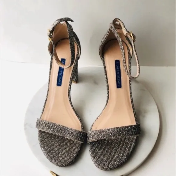 STUART WEITZMAN NEARLYNUDE Metallic Textured Platino Gold Heeled Sandals