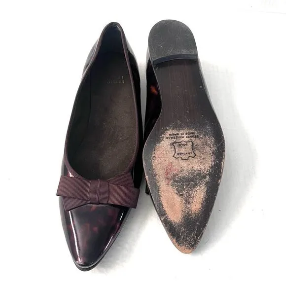 Stuart Weitzman Patent Leather Pointed Toe Tortoise Flats with bow 10 narrow