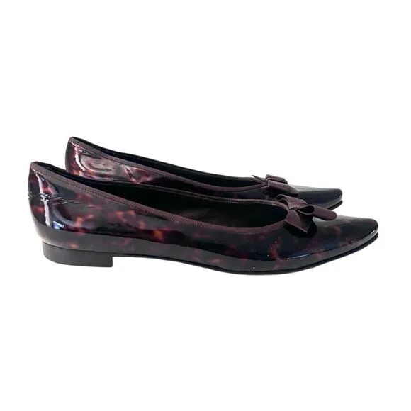 Stuart Weitzman Patent Leather Pointed Toe Tortoise Flats with bow 10 narrow