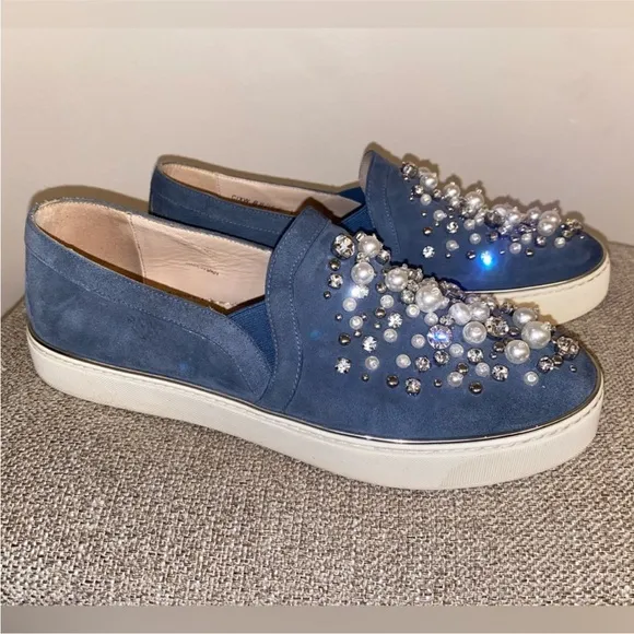Stuart Weitzman Pearl Crystal Embellished DecorWhite Platform Sneakers Slip Ons