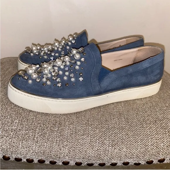 Stuart Weitzman Pearl Crystal Embellished DecorWhite Platform Sneakers Slip Ons