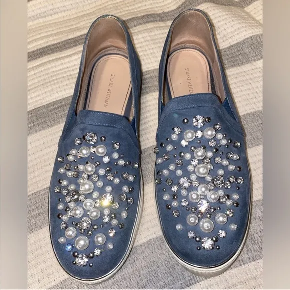 Stuart Weitzman Pearl Crystal Embellished DecorWhite Platform Sneakers Slip Ons