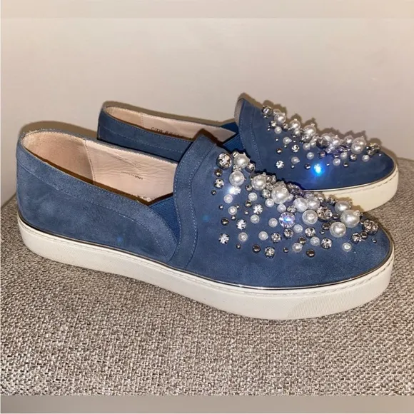 Stuart Weitzman Pearl Crystal Embellished DecorWhite Platform Sneakers Slip Ons