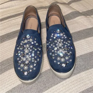 Stuart Weitzman Pearl Crystal Embellished DecorWhite Platform Sneakers Slip Ons