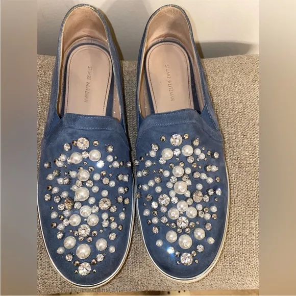 Stuart Weitzman Pearl Crystal Embellished DecorWhite Platform Sneakers Slip Ons