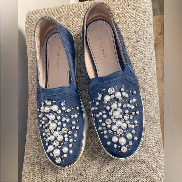 Stuart Weitzman Pearl Crystal Embellished DecorWhite Platform Sneakers Slip Ons