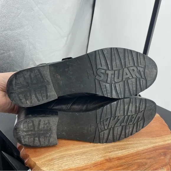 Stuart Weitzman Stitchwork Black Leather Combat Boots Sz 9.5 buckle strap