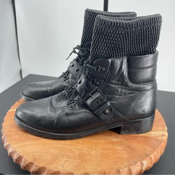 Stuart Weitzman Stitchwork Black Leather Combat Boots Sz 9.5 buckle strap