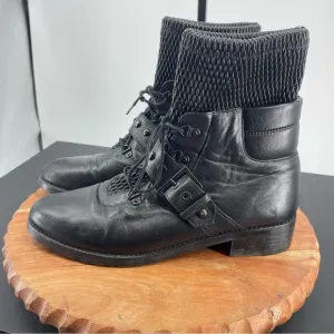 Stuart Weitzman Stitchwork Black Leather Combat Boots Sz 9.5 buckle strap
