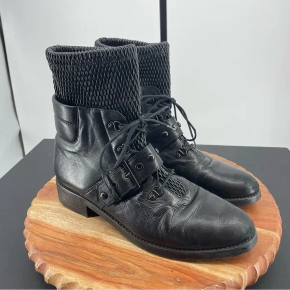 Stuart Weitzman Stitchwork Black Leather Combat Boots Sz 9.5 buckle strap