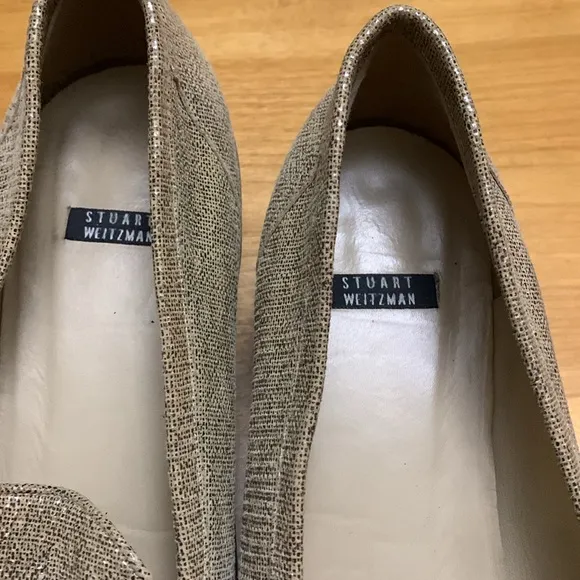 Stuart Weitzman Tassel Leather Gold Tan Loafers stacked heel EUC Womens Size 10B