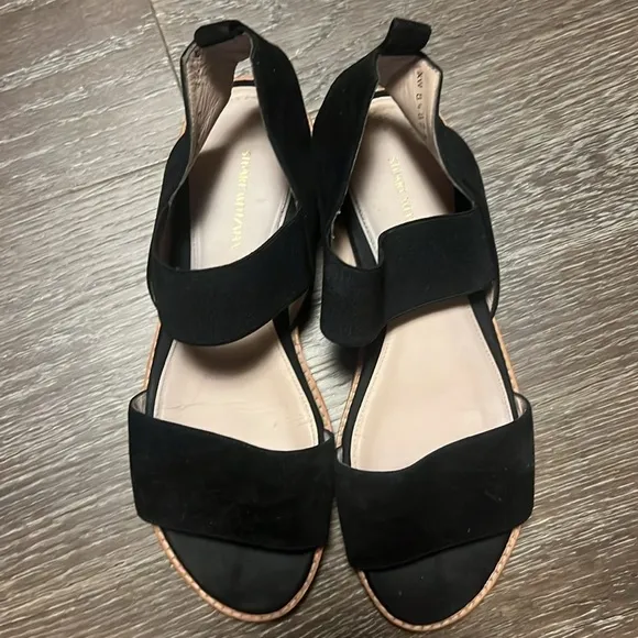 Stuart Weitzman Topical Black Suede Open Toe Ankle Strap Sandals in size 7.5