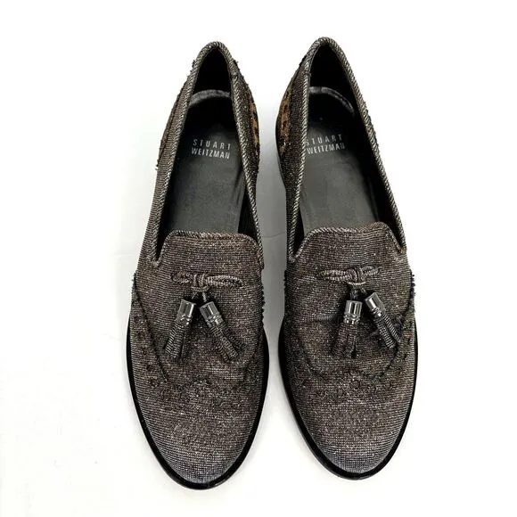 Stuart Weitzman Womens 7 Leather Colorblock Pattern Metallic Gold Silver Loafers