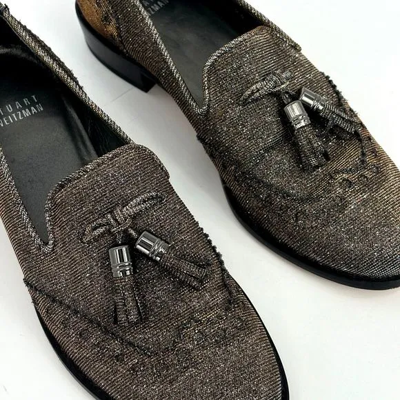 Stuart Weitzman Womens 7 Leather Colorblock Pattern Metallic Gold Silver Loafers