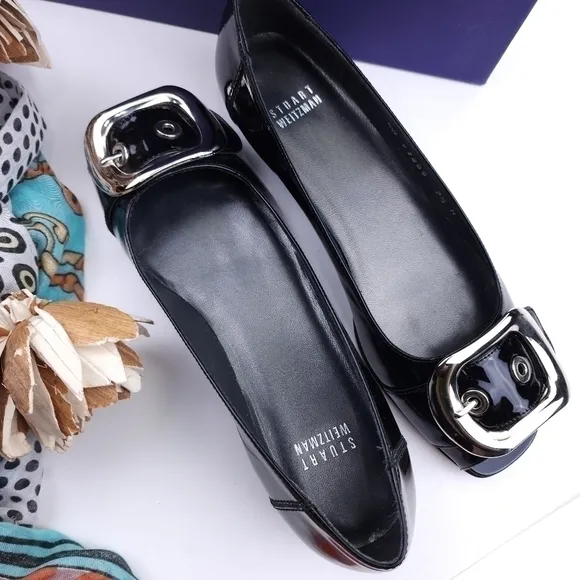 Stuart Weitzman Youngbuck Soft Black Patent Silver Buckle Flats sz 7n