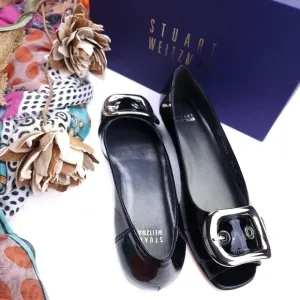 Stuart Weitzman Youngbuck Soft Black Patent Silver Buckle Flats sz 7n