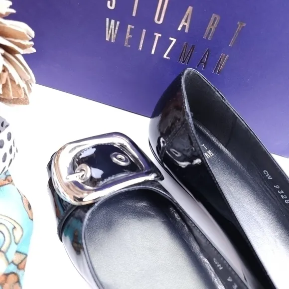 Stuart Weitzman Youngbuck Soft Black Patent Silver Buckle Flats sz 7n