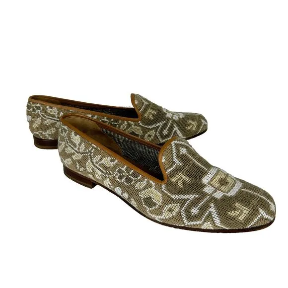 Stubbs &amp; Wootton Needlepoint Slippers Flats Loafers Beige TanWoven Leather Sz 11