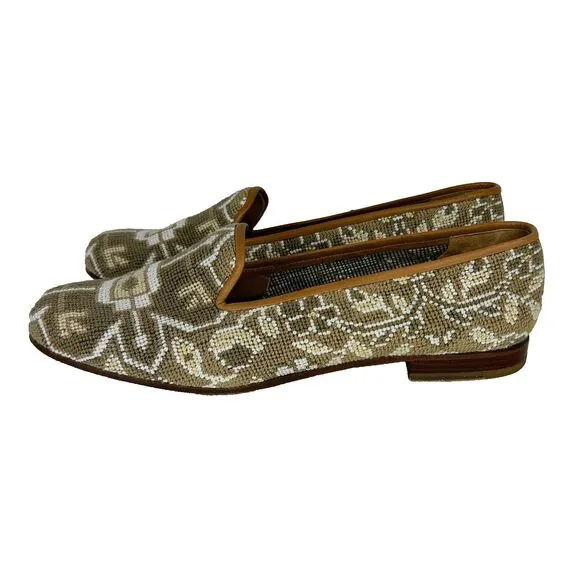 Stubbs &amp; Wootton Needlepoint Slippers Flats Loafers Beige TanWoven Leather Sz 11