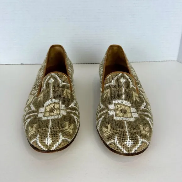 Stubbs &amp; Wootton Needlepoint Slippers Flats Loafers Beige TanWoven Leather Sz 11