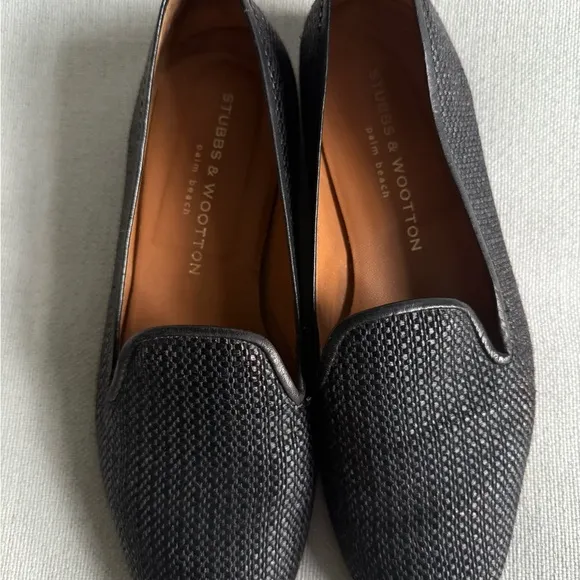 Stubbs &amp; Wootton Raffia Slippers Size 9 Black Slip On Shoes Loafers Flats