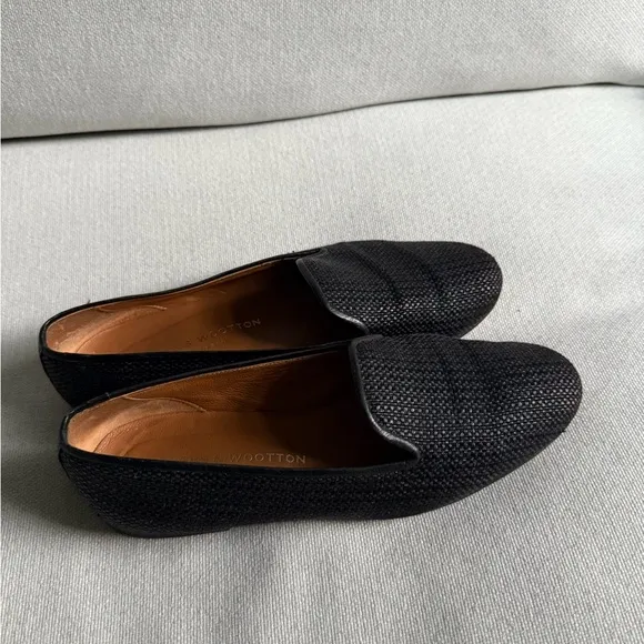 Stubbs &amp; Wootton Raffia Slippers Size 9 Black Slip On Shoes Loafers Flats