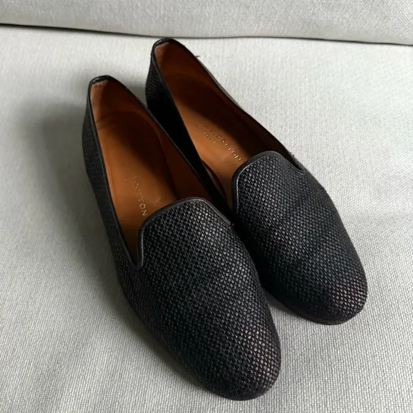 Stubbs &amp; Wootton Raffia Slippers Size 9 Black Slip On Shoes Loafers Flats
