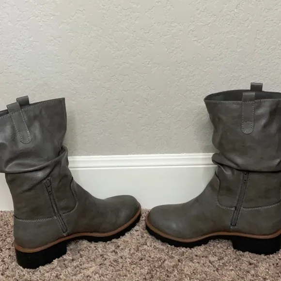 Sun   Stone NEW Man Made Gray Combat &amp; Moto Mid-Calf Boots, Size 8.5 NO BOX