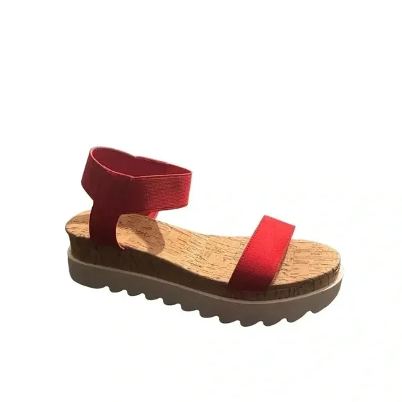 Sun   Stone Womens Melanyy Slip On Open Toe Wedge Sandals Red