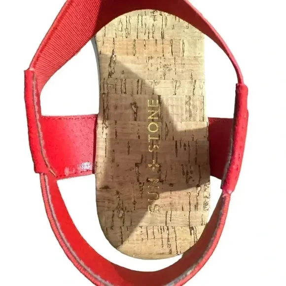 Sun   Stone Womens Melanyy Slip On Open Toe Wedge Sandals Red