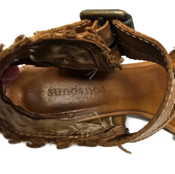 Sundance Woven Lather Ankle Strap Flat Sandals Cognac Brown Women's 7