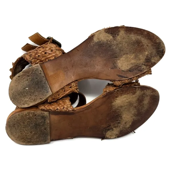 Sundance Woven Lather Ankle Strap Flat Sandals Cognac Brown Women's 7
