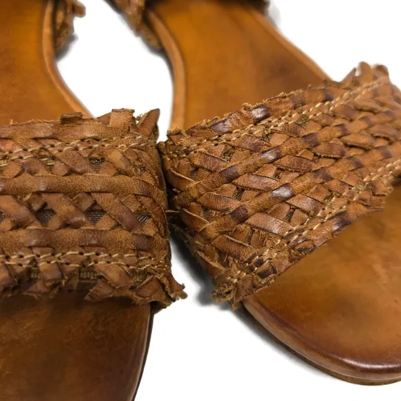 Sundance Woven Lather Ankle Strap Flat Sandals Cognac Brown Women's 7