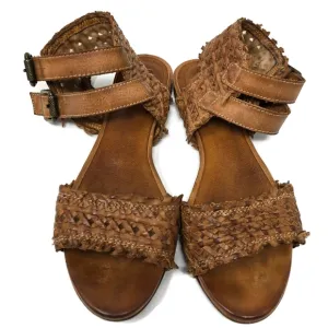 Sundance Woven Lather Ankle Strap Flat Sandals Cognac Brown Women's 7