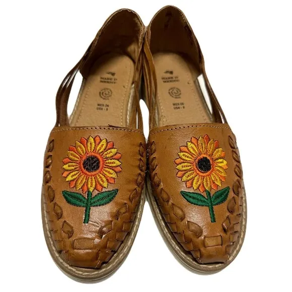 Sunflower Huarache Flats Womens Size 9 Handmade in Mexico Genuine Brown Leather