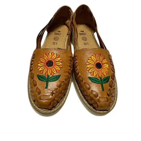 Sunflower Huarache Flats Womens Size 9 Handmade in Mexico Genuine Brown Leather