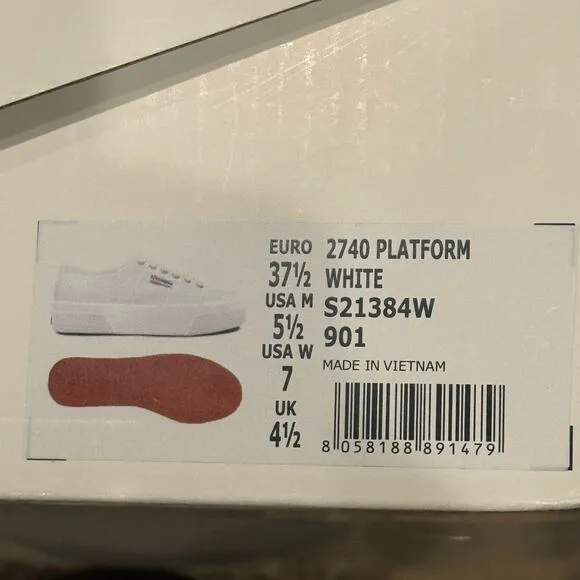 Superga 2740 Platform Sneakers Canvas Comfortable White Size 5.5 NWT
