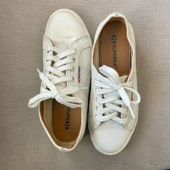 Superga 2790 Nappa Sneakers White Leather Platform Sneakers Size 7 US Orig. $120